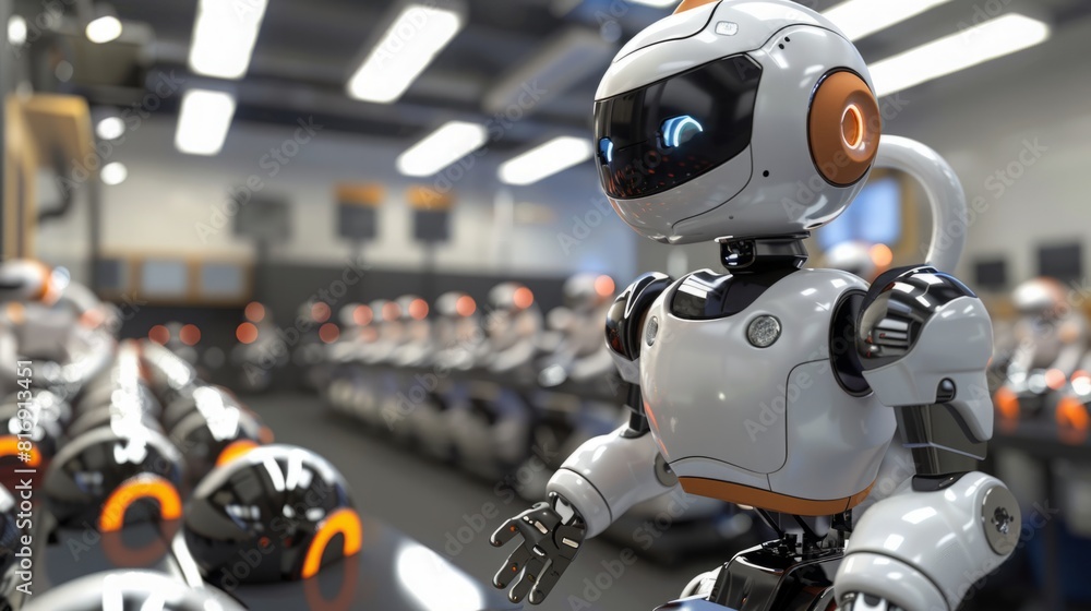 Poster a robot is actively working in a factory setting, surrounded by machinery and equipment.