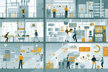 Dynamic digital art showcasing a range of activities within a modern office setting