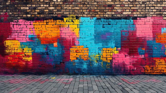 brick wall with a piece of street art that has been recreated or reinterpreted by other artists, showcasing the collaborative and evolving nature of street art.stock image