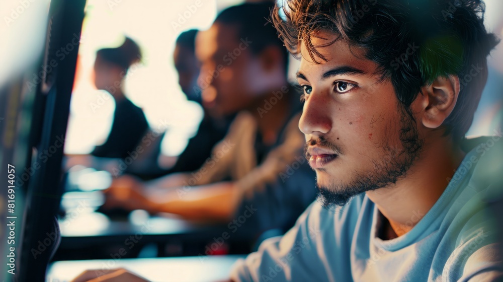 Poster a young man is seated in front of a computer screen, focusing on the digital display with concentrat