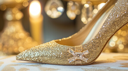 A sparkly gold stiletto heel with a crystal and rhinestone