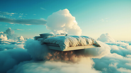 A surreal scene of a bed floating among fluffy clouds in a dreamy sky, evoking a sense of comfort, tranquility, and imagination.