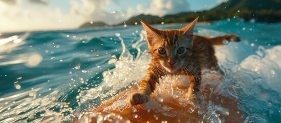 Kitten surfing in ocean waves at sunset. Playful and adventurous pet concept. Ideal for animal-themed designs and summer vacation promotional content