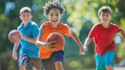 Fototapeta premium A group of children playing basketball on a court in a park, dribbling, passing, and shooting hoops.