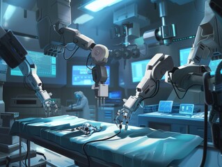 Team of Robotic Arms Performing Complex Surgery in a High-Tech Operating Room