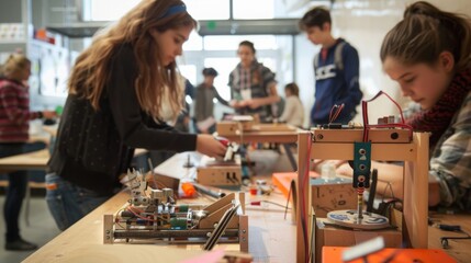 Team of individuals collaborating on assembling and operating a 3D printer in a workshop setting.