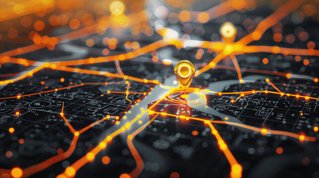 A digital city map with a glowing location pin and interconnected pathways. The image emphasizes GPS navigation, technology, and connectivity with vibrant orange lines.