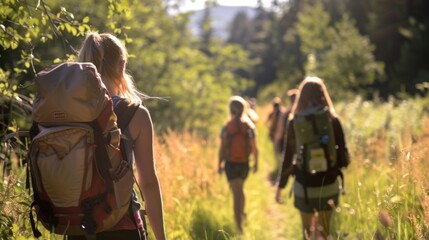 Obraz premium A diverse group of individuals wearing backpacks walking along a trail in a forested area.