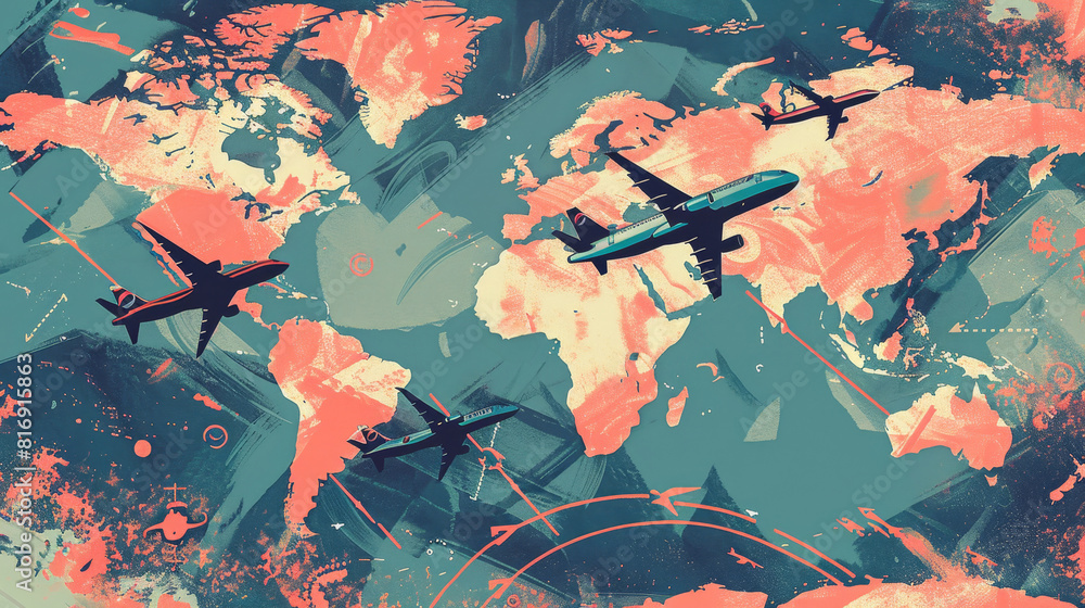 Poster abstract composition of planes and world map - depiction of air travel with abstract splashes of col