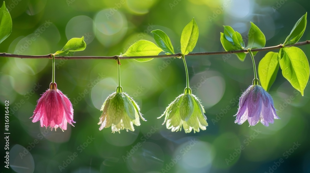 Poster delicate flowers hanging from a branch in sunlight - a vivid nature scene displaying flowers hanging