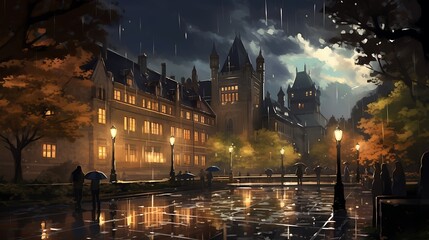 Fototapeta na wymiar Raindrops and Neon: Nighttime Cityscape in the Rain