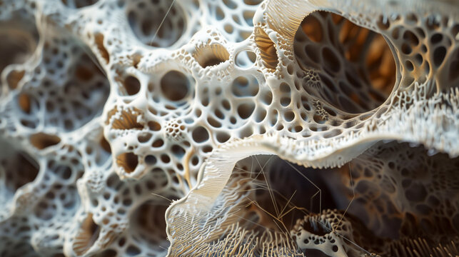Close-up of a complex, organic, porous structure resembling a microscopic view of a bone or coral reef, highlighting intricate patterns and textures.