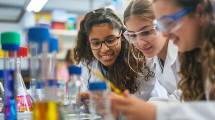 Three young women wearing lab coats are intensely focused on a project as they collaborate and conduct experiments in a laboratory setting.