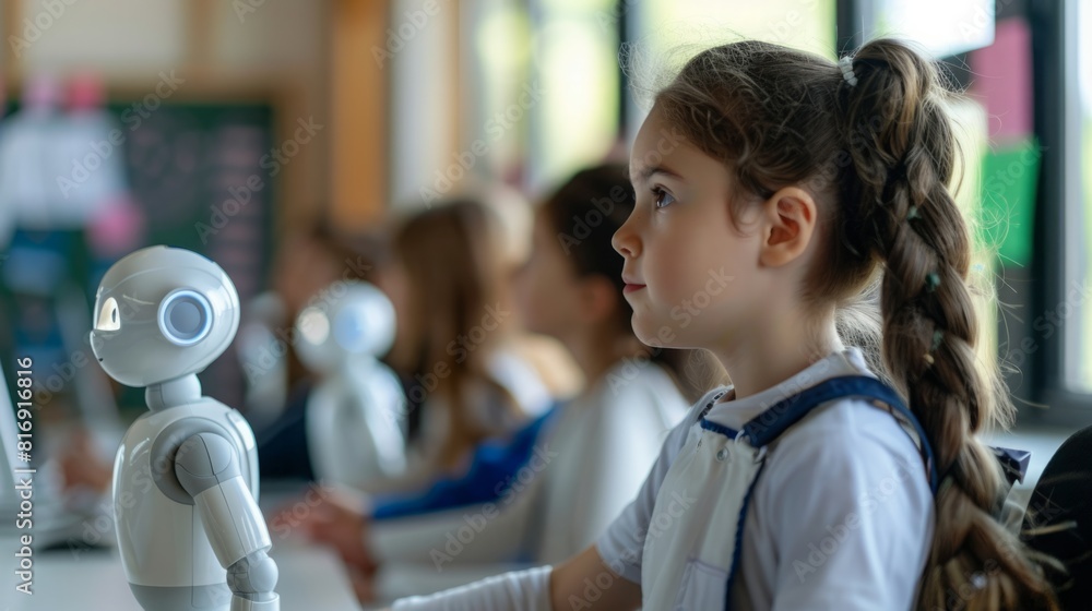 Poster a girl is seated at a desk with a robot in front of her, engaging in an interactive activity.