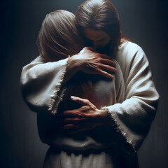 Jesus hugging woman. Concept of God comforting human in low moment in life.