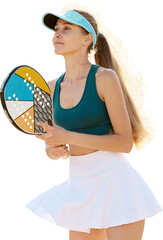 Concentrated beautiful woman standing near net, playing beach tennis isolated on transparent...