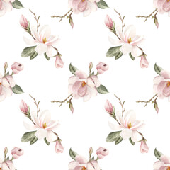 Light pink magnolia flower, buds, sprigs and leaves. Watercolor floral seamless pattern on white background for fabrics