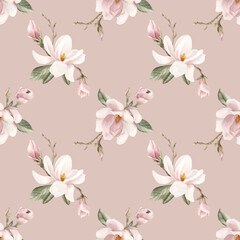Light pink magnolia flower, buds, sprigs and leaves. Watercolor floral seamless pattern on peach pink background