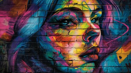 Street graffiti painting art with a woman's face on a brick wall