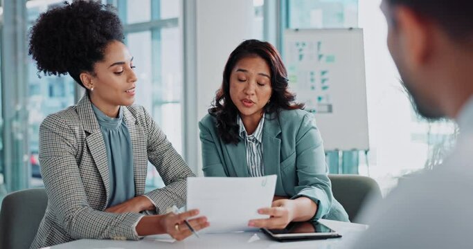 Business woman, team and interview with resume for meeting, discussion or checking skills at office. Employees with documents, CV or paperwork of junior candidate at company for hiring or recruiting