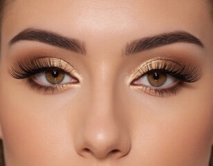 Obraz premium A woman with brown hair and brown eyes has her eyelashes curled up
