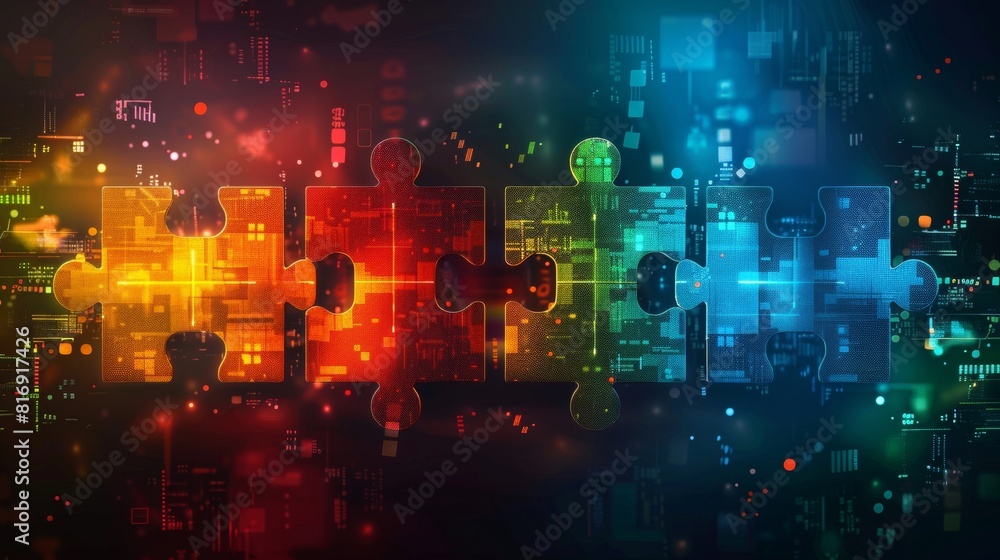 Poster vibrant digital technology backdrop with puzzle pieces merging in abstract image