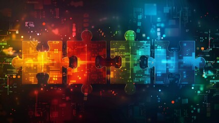 Vibrant digital technology backdrop with puzzle pieces merging in abstract image