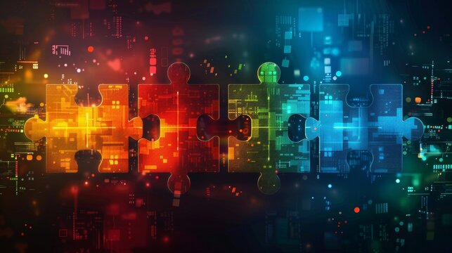 Vibrant digital technology backdrop with puzzle pieces merging in abstract image - Powered by Adobe