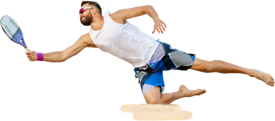 Dynamic image of young man playing beach, paddle tennis, hitting ball with racket and falling down isolated on transparent background. Concept of sport, leisure time, active lifestyle, hobby, ad