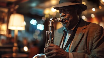 Musician Playing Saxophone in a Dimly Lit Setting