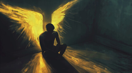 A man sitting on the floor with angel wings behind him. Golden light comes from above in a dark room