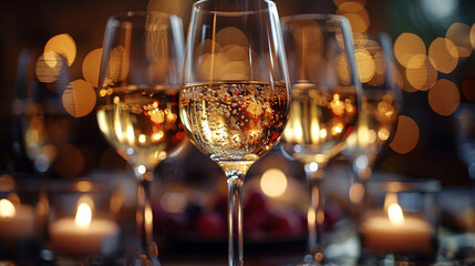 a couple of sparkling champagne glasses on table, on golden bokeh background with copy space. Romantic concept.