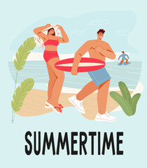 Summer card or banner with happy people on the beach, flat cartoon vector illustration. Summer time and Hello summer poster or banner concept.