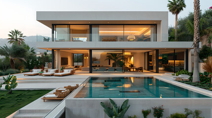 Obraz premium Serene Modern Home with Pool and Lush Landscape at Dusk, Generative AI