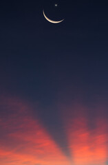 Crescent moon on dusk sky after sundown on twilight, Religious of Islamic and space for text Eid Al...