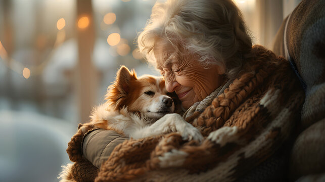 happy relaxed senior woman hugging her dog while at home on the sofa. pet and the owner concept