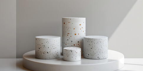 four white terrazzo cylinder podiums in different sizes, on grey background, minimalism