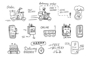 Large set of food delivery, delivery order and deliveryman. Healthy food and fast food. Doodle style. Hand drawn. Great for menu design, banners, sites, packaging. Vector illustration EPS10