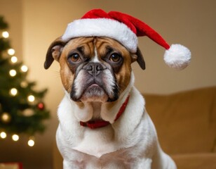 A dog wearing a Santa hat and collar is sitting in front of a Christmas tree
