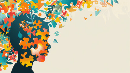 Silhouette with Puzzle Pieces and Colorful Splashes for Autism Spectrum Disorder Website Background