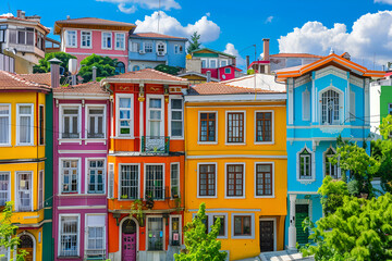 Beautiful colorful houses in Istanbul. Historical houses of Turkey belonging to the Ottoman period. View of colorful houses from the streets of Istanbul. summer landscape in the city. Balat, istanbu