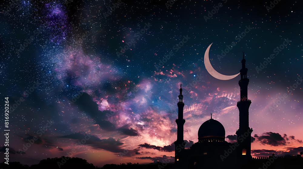 Wall mural Breathtaking View of Mosque Silhouette Against Starry Night Sky with Crescent Moon