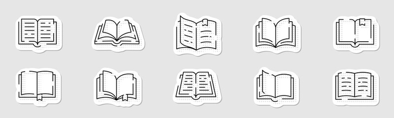 Open book line icon set. Diary, open book, pages, bookmark, magazine etc. Pop art style