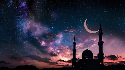 Breathtaking View of Mosque Silhouette Against Starry Night Sky with Crescent Moon