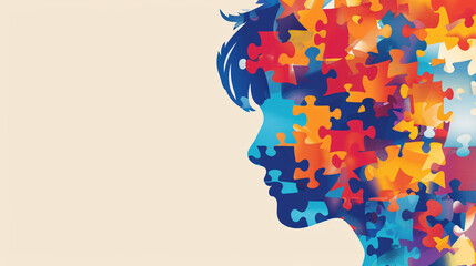 Silhouette with Puzzle Pieces and Stars, Symbolizing Autism Spectrum Disorder for Website Background
