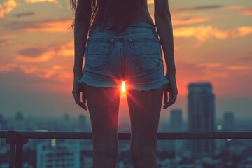 Silhouette of a young woman standing against a sunset cityscape. Inspirational and urban lifestyle...