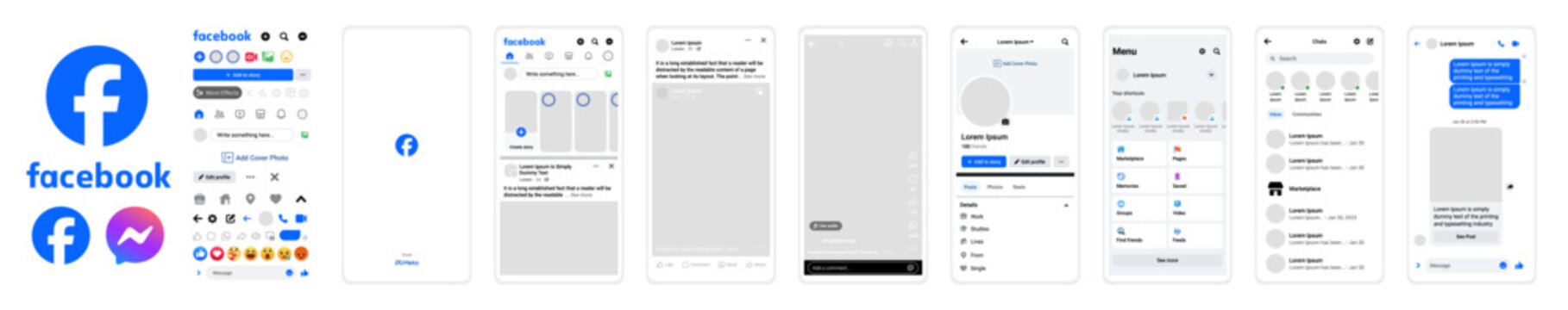 Facebook mobile App interface template 2024. Facebook UI mockup, Editorial illustration.