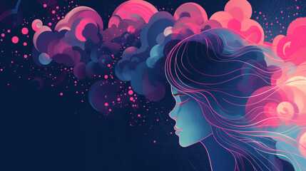 Silhouette with Flowing Hair and Abstract Shapes, Representing Bulimia Nervosa Disorder for Website Background
