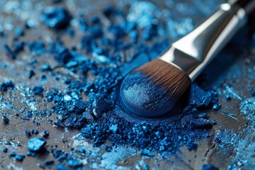 Fototapeta premium Makeup brush on crushed blue eyeshadow. Close-up of makeup tools and pigments. Beauty and cosmetics concept.