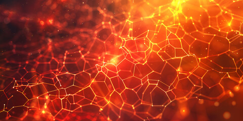 Abstract Red and Orange Technology Background with a Network of Hexagonal Patterns and Digital Connections